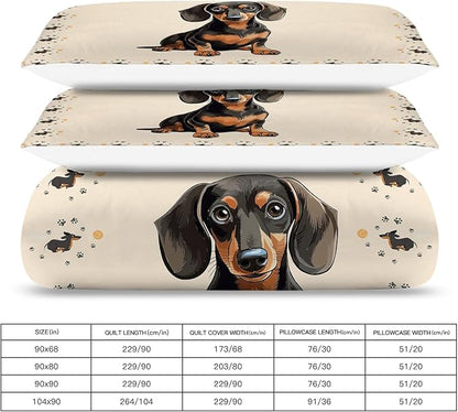 Dachshund Bedding Set Puppy Daschund Animal Theme Comforter Set Covers for Kids Girls Women Wiener Dog Duvet Cover Bedroom Decor Soft Queen Size Quilt Cover with 2 Pillowcases