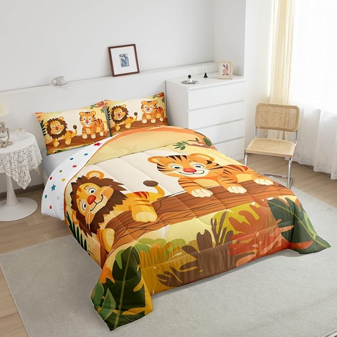 Lion Tiger Comforter Set King Size for Kids Cartoon Wild Animal Bedding Sets All Season Nature Tropical Jungle Quilt Set Bedroom Decor Cute Wildlife Down Comforter,3Pcs