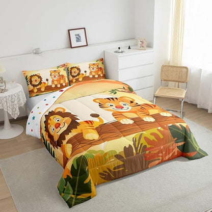 Lion Tiger Comforter Set Full Size for Kids Cartoon Wild Animal Bedding Sets All Season Nature Tropical Jungle Quilt Set Bedroom Decor Cute Wildlife Down Comforter,3Pcs