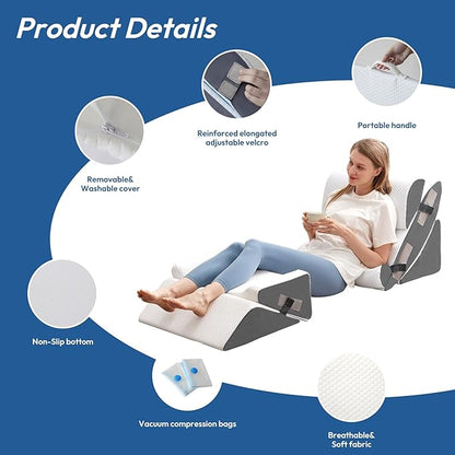 6PCS Wedge Pillow Set for After Surgery, Bed Wedge Pillow Post Surgery, Wedges Pillows for Back Pain Relief, Acid Relux, Sit Up Pillow for Beds, Beds Wedges & Body Positioners, White/Grey