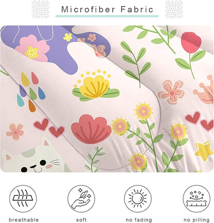 Cat Comforter Set Queen: Floral Cats Bedding Set for Teens Girls Kids Women Adults Pink Purple Cartoon Kawaii Kitten Flower Quilt Bed Sets 1 Comforter & 2 Pillowcases