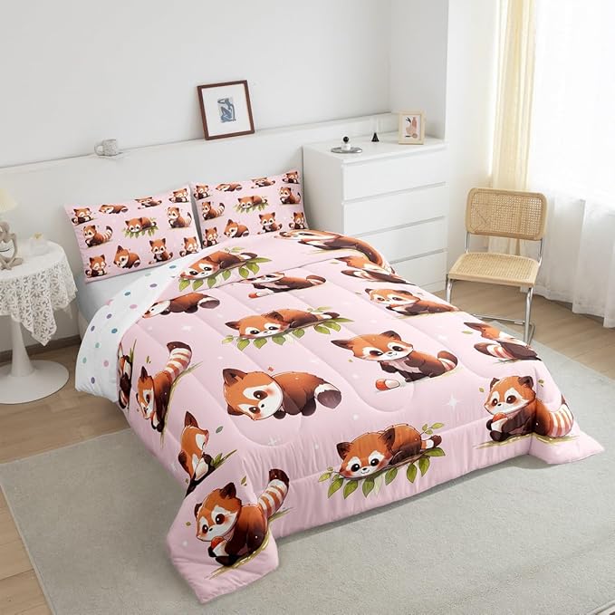 Cute Raccoon Comforter Set King Size 3 Pcs Watercolor Lovely Wild Animals Decor Bedding Comforter for Kids Girls Teens Glitter Stars Green Leaves Pink Bedroom Quilt Set with 2 Pillowcases