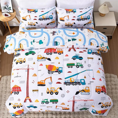 NTBED 5 Pieces Construction Truck Twin Comforter Set for Boys Kids Building Vehicles Excavator Lightweight Microfiber Bedding Sets