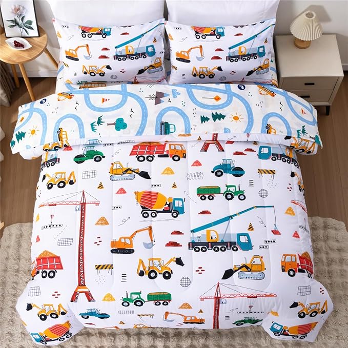 NTBED 5 Pieces Construction Truck Full Comforter Set for Boys Kids Building Vehicles Excavator Lightweight Microfiber Bedding Sets
