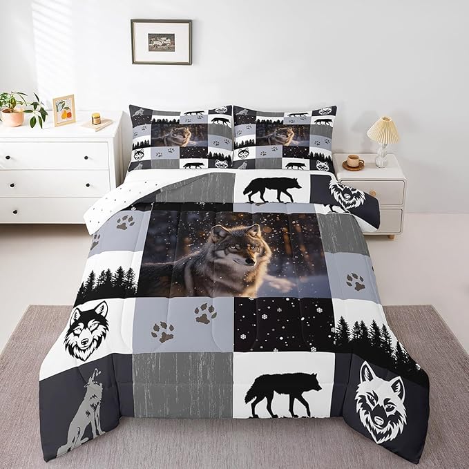 Feelyou Rustic Comforter Set Full Size Woodland Wolf Comforter for Boys Girls Teens Wolf Paws Print Bedding Set Wild Adventure Teens Duvet Set Room Decor Pine Trees Quilt Set