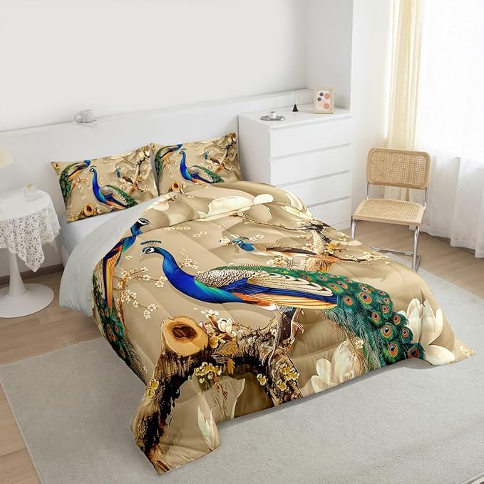 Feelyou Peacock Comforter Peacock with Floral Bedding Set for Kids Adults Girls Animals Comforter Set Botanical Quilt Set 1 Comforter Set with 2 Pillowcases Full Size