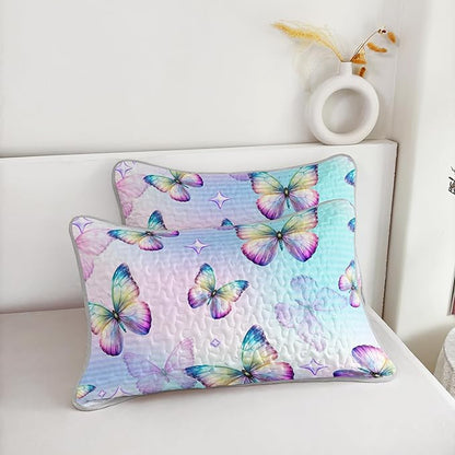 3-Piece Butterfly Quilt Set Full Size,Blue Butterfly Printed Bedding for Kids Teens Girls Room Decor,Soft Lightweight Quilted Quilt Sets with 2 Pillowcases.
