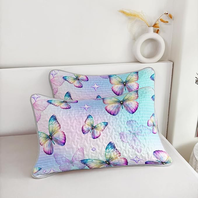 3-Piece Butterfly Quilt Set Queen Size,Blue Butterfly Printed Bedding for Kids Teens Girls Room Decor,Soft Lightweight Quilted Quilt Sets with 2 Pillowcases.