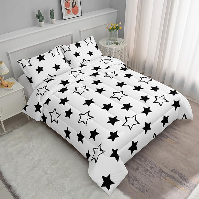 Axolotl Kids King Bedding Comforter Set,3Pcs Cute Black and White Stars Quilt Set for Kids,Geometric Stars Bedding with 1 Comforter 2 Pillowcases for Boys Girls Teens Adults Room Decor All Season