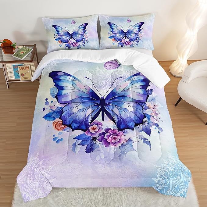 HOSIMA Floral Purple Butterfly Comforter-Soft Microfiber,Fantasy Butterfly Aesthetics Queen Size Bed in a Bag for Kids Girls Teens Women,Mandala Preppy Bedding 3Piece with 2 Pillow Shams.