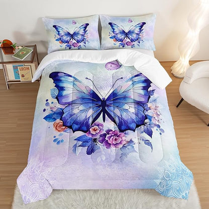 HOSIMA Floral Purple Butterfly Comforter-Soft Microfiber,Fantasy Butterfly Aesthetics Queen Size Bed in a Bag for Kids Girls Teens Women,Mandala Preppy Bedding 3Piece with 2 Pillow Shams.