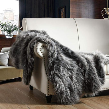 Luxury Faux Fur Throw Blanket, Grey and Black High Pile Mixed Throw Blanket, Super Warm, Fuzzy, Elegant, Fluffy Decoration Blanket Scarf for Sofa, Couch and Bed, 60''x 80''