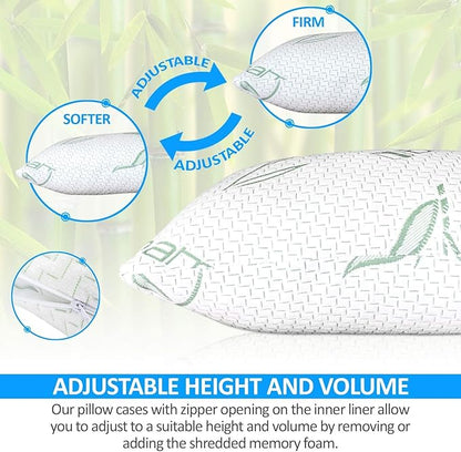 King Size Rayon Derived from Bamboo Pillow, Cooling Shredded Memory Foam Bed Pillows Sets for Back, Stomach, Side Sleepers, Adjustable Soft Firm, Washable Cover, King (Pack of 1)