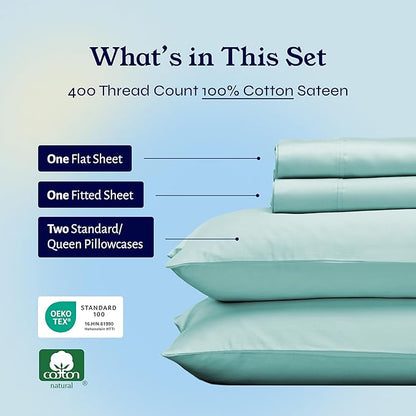 California Design Den Natural 100% Cotton Sheets, Soft Queen Sheet Set, 400 Thread Count Sateen, Deep Pockets with All-Around Elastic for a Snug Fit, Durable Bedding Set - Seafoam