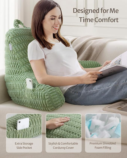 Blissful Diary Reading Pillow, Large Backrest Pillow with Shredded Memory Foam for Adult & Children, Designed for Bed and Couch Sitting Up, Includes Arms, Pockets and Washable Cover, Sage Green