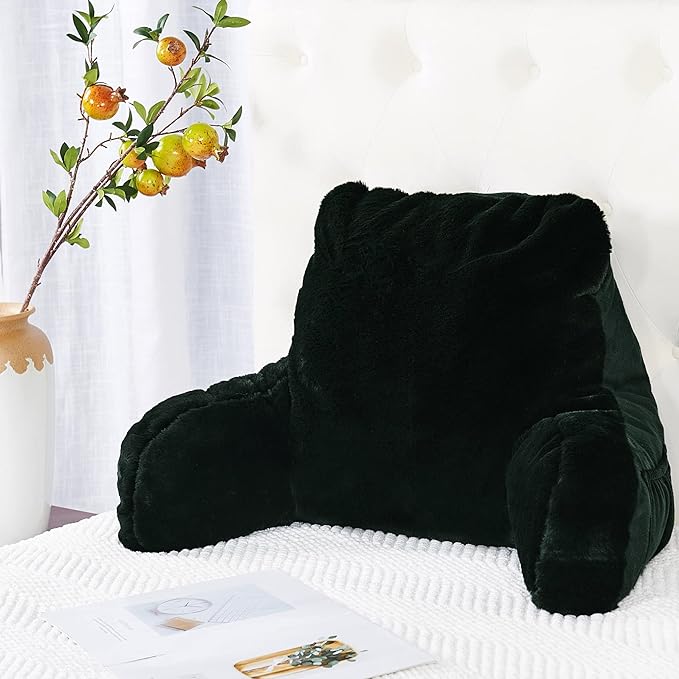 Plush Faux Fur Backrest Reading Bed Rest Pillow with Arms and Pockets for Sitting in Bed Couch Sofa, Back Support Wedge Cushion with Removable Cover, 20" x 18" x 17", Black