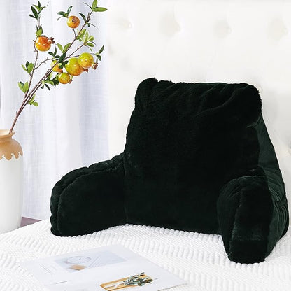 Plush Faux Fur Backrest Reading Bed Rest Pillow with Arms and Pockets for Sitting in Bed Couch Sofa, Back Support Wedge Cushion with Removable Cover, 20" x 18" x 17", Black