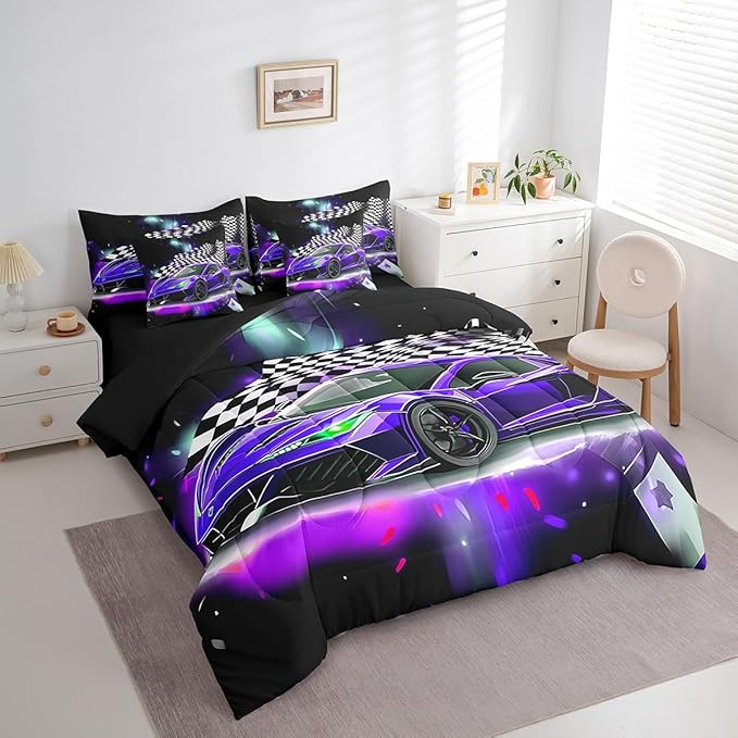 Feelyou Purple Racing Car 7 Piece Bedding Set Twin Size Extreme Sport Comforter Set with Sheets for Kids Boys Girls Teens Toddler Fast and Furious Bed in a Bag Black White Flag Bed Set