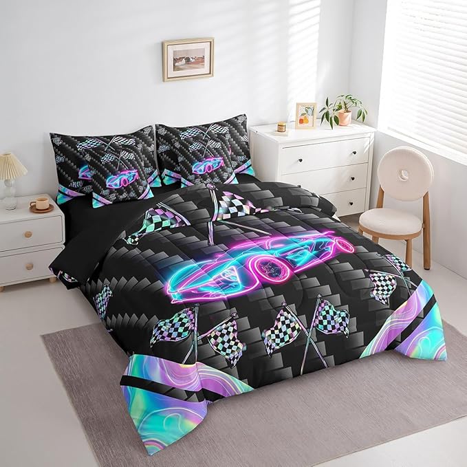 Feelyou Glitter Race Car 7 Piece Bedding Set King Size Extreme Sports Comforter Set with Sheets for Kids Teens Adult Fast and Furious Bed in a Bag Dazzling Flag Bed Set