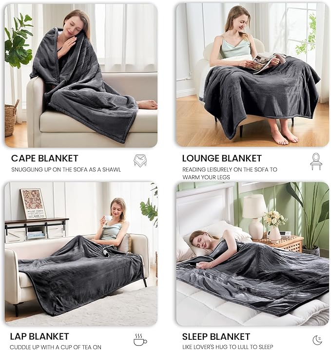 Electric Heated Blanket,Flannel & Sherpa Fast Heating Soft Fleece Heated Twin Blanket 62"x84" with 6 Heating Levels & 10H Auto Off - Grey