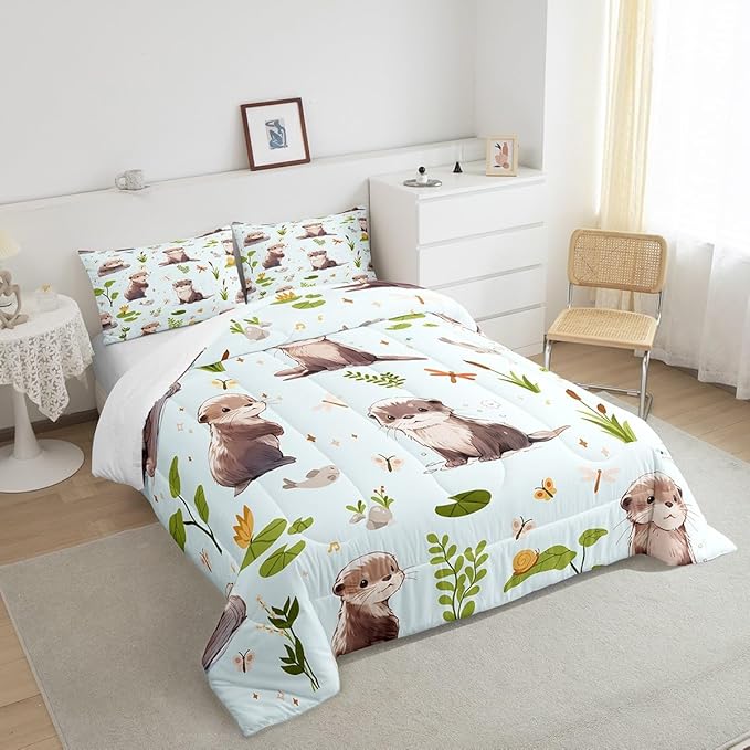 Watercolor Otter Comforter Set Queen Size Cartoon Fish Wild Butterfly Dragonfly Bedding Comforter for Kids Boys Girls Teens Pond Green Lotus Leaf Cute Animals Bedroom Quilt Set with 2 Pillowcases