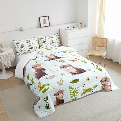 Watercolor Otter Comforter Set Queen Size Cartoon Fish Wild Butterfly Dragonfly Bedding Comforter for Kids Boys Girls Teens Pond Green Lotus Leaf Cute Animals Bedroom Quilt Set with 2 Pillowcases