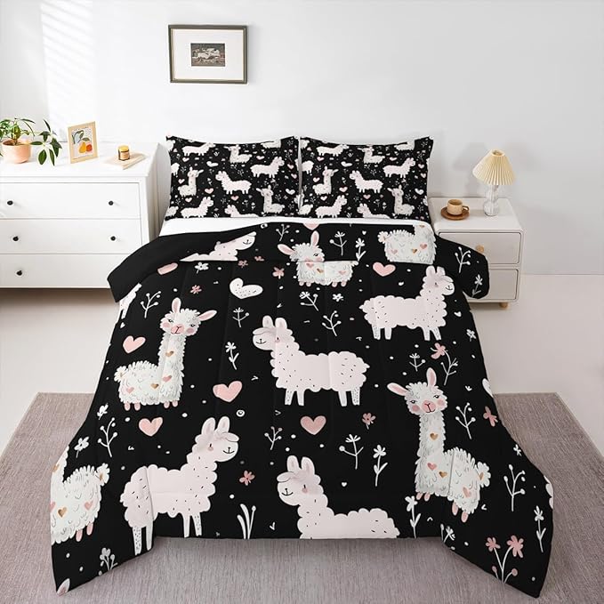 jejeloiu Cute Llama Comforter Set All Season Pink Love Heart Bedding Set with 2 Pillow Cases Floral Flower Microfiber Kids Queen Bedclothes Kawaii Animal Bedroom Decor Duvet Quilt Soft
