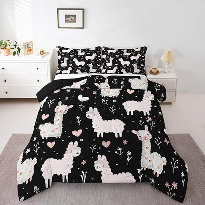 jejeloiu Cute Llama Comforter Set All Season Pink Love Heart Bedding Set with 2 Pillow Cases Floral Flower Microfiber Kids King Bedclothes Kawaii Animal Bedroom Decor Duvet Quilt Soft