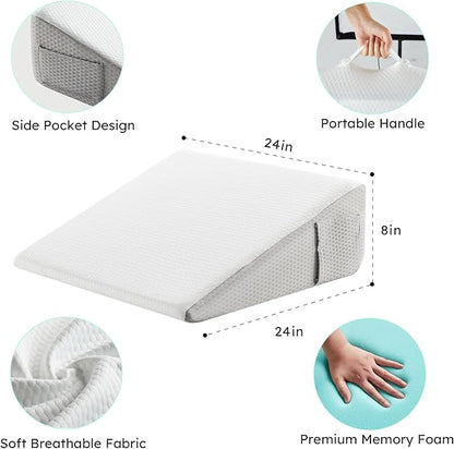 Bedluxe Wedge Pillow, 8 inch Bed Wedge Pillow, Elevated Body Pillow for Back Support, Acid Reflux, Leg, Neck Pain, Snoring, Triangle Pillow Wedge - Cooling Memory Foam Top, Dark Grey