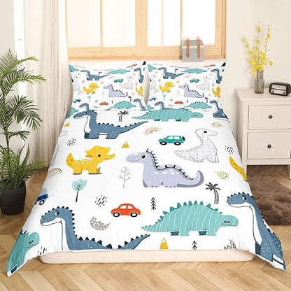 Cartoon Dino Boys Duvet Cover Set Full Size,Cute Dinosaur Animal Blue Yellow Sketch Comforter Cover with 2 Pillowcases,Cars Rainbow Trees Printed Kawaii Breathable Bedspread for Boys Teens