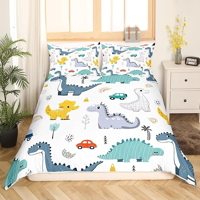 Cartoon Dino Boys Duvet Cover Queen Size,Cute Dinosaur Animal Blue Yellow Sketch Duvet Cover Set for Children Adult,Cars Rainbow Trees Printed Kawaii Soft Comforter Cover for Dorm Room, Zipper, Ties