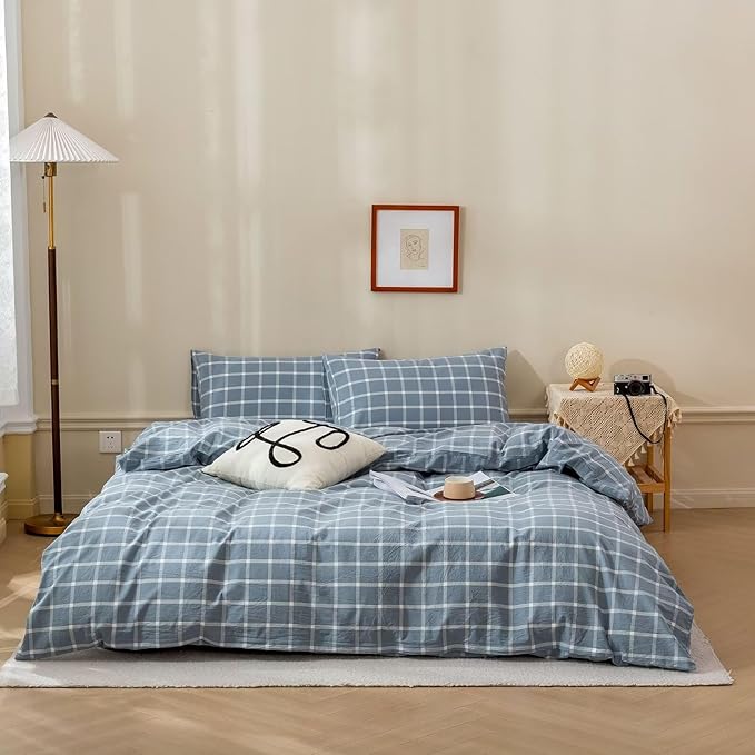 BuLuTu Blue White Plaid Duvet Cover Full 100% Washed Cotton Comforter Cover Set Modern Buffalo Plaid Bedding Set for Kids, Grid Gingham Duvet Cover and 2 Pillowcases for All Seasons