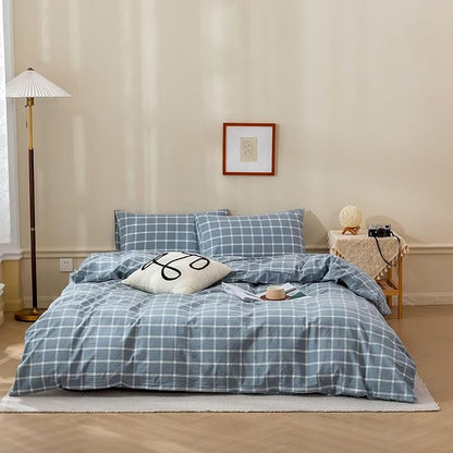 BuLuTu Blue White Plaid Duvet Cover Full 100% Washed Cotton Comforter Cover Set Modern Buffalo Plaid Bedding Set for Kids, Grid Gingham Duvet Cover and 2 Pillowcases for All Seasons