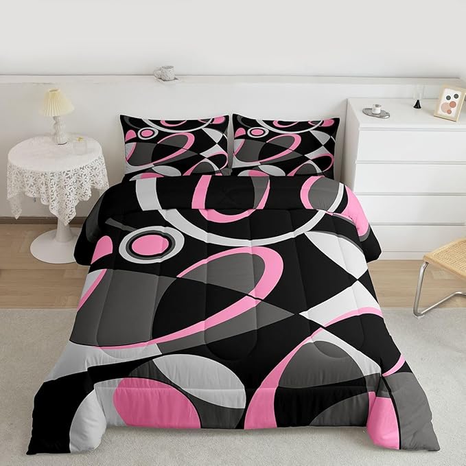 Feelyou Pink Grey and Black Comforter Retro Circle Geometrics Comforter Set Modern Abstract Art Bedding Set for Kids Boys Girls Geometrics Swirl Duvet Set Luxury Room Decor Quilt Set Queen Size