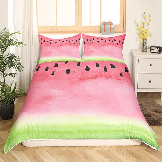 Castle Fairy Watermelon Duvet Cover Set Queen,Watercolor Tie Dye Bedding Set 3pcs for Kids Teens Adults Room Decor,Pink Green Summer Fruit Comforter Cover Modern Plants Quilt Cover with 2 Pillowcases