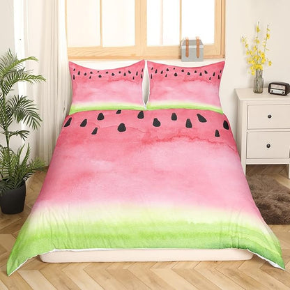 Castle Fairy Watermelon Duvet Cover Sets Full,Watercolor Tie Dye Bedding Set 3pcs for Kids Teens Adults Room Decor,Pink Green Summer Fruit Comforter Cover Modern Plants Quilt Cover with 2 Pillowcases
