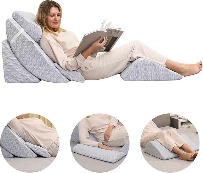Betterhood 5pcs Orthopedic Bed Wedge Pillow Set, Adjustable Memory Foam, Post Surgery Foam for Back Neck & Leg Pain Relief Support, Acid Reflux, Snoring Reading, Sleeping, Sitting up, Blue