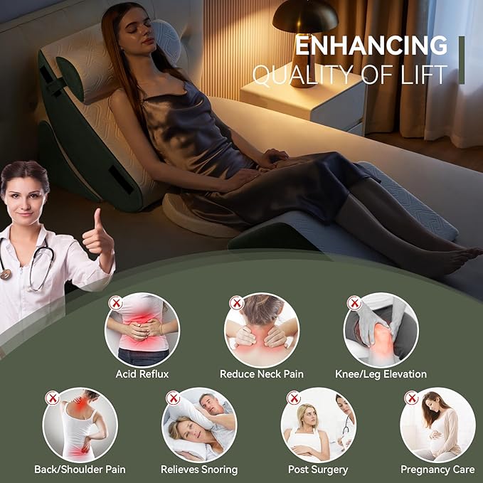 Wedge Pillow Set for After Surgery, 6 PCS Bed Wedge Pillow for Sleeping, Memory Foam Orthopedic Back Pillow for Pain Relief and Acid Reflux, Adjustable Post Surgery Pillow Green