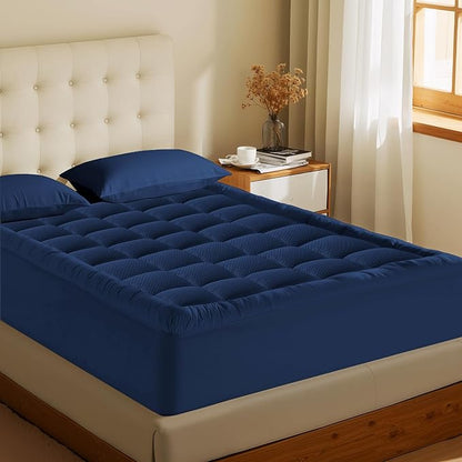 MATBEBY Queen Size Mattress Pad - Cooling Breathable Mattress Topper, Quilted Fitted Mattress Protector, Pillow Top Mattress Cover with 8-21" Deep Pocket, Machine Washable, Navy Blue, 60x80 Inches