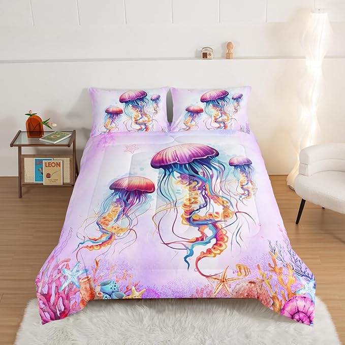 HOSIMA Pink Jellyfish Comforter Set King Size for Adults Kids,Marine Life Theme Bedding Set,The Underwater World Watercolor Tie Dye Bedding Room Decor for Girls with 2 Pillowcases.