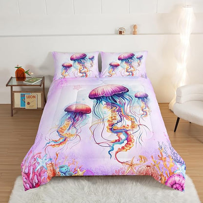 HOSIMA Pink Jellyfish Comforter Set Twin Size for Adults Kids,Marine Life Theme Bedding Set,The Underwater World Watercolor Tie Dye Bedding Room Decor for Girls with 2 Pillowcases.