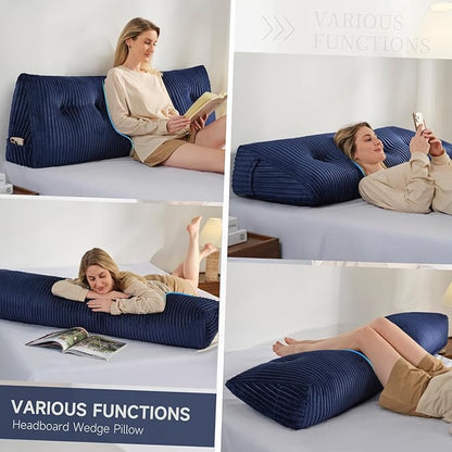 Z-hom Queen Headboard Pillow, Triangular Wedge Reading Pillow for Bed or Sofa, Ergonomic Backrest Cushion for Sitting Up, Reading or Relaxing, with Side Pocket，Removable Washable Cover,Blue