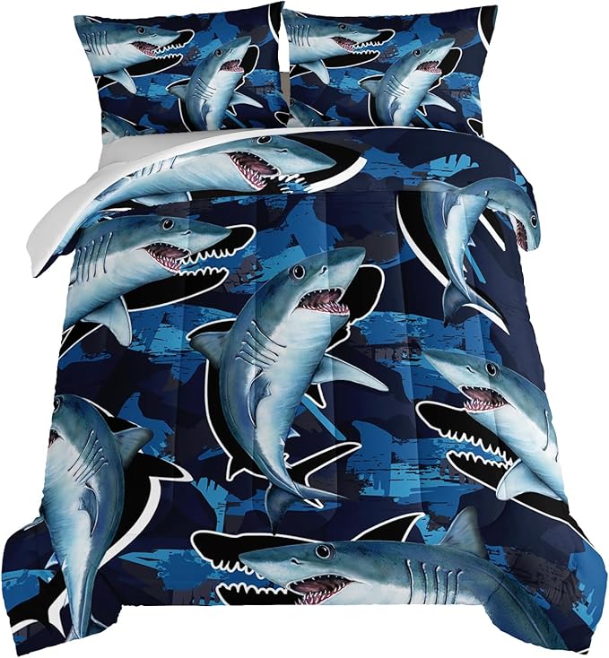 HOSIMA Blue Shark Bedding Set for Adults Kids,Cartoon Shark Pattern Comforter Set King Size for Boys,Blue Ocean Animal Themed Comforter Set for Boys Room Decorate with 2 Pillowcases.
