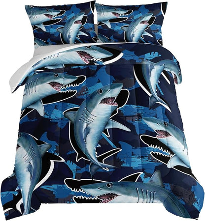 HOSIMA Blue Shark Bedding Set for Adults Kids,Cartoon Shark Pattern Comforter Set King Size for Boys,Blue Ocean Animal Themed Comforter Set for Boys Room Decorate with 2 Pillowcases.