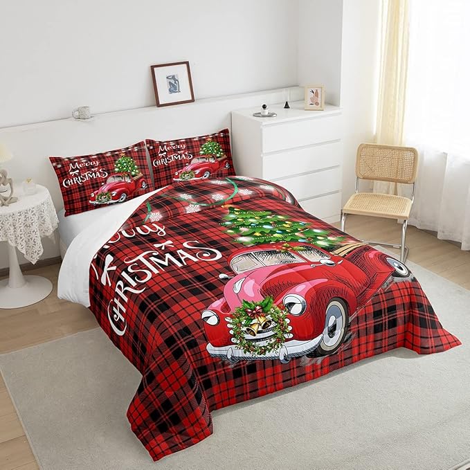 Erosebridal Christmas Comforter Set for Men & Women - Twin Merry Christmas Truck Duvet Insert - Black & Red Grid Checkered Down Comforter with 1 Pillowcase - Warm & Cozy Gift