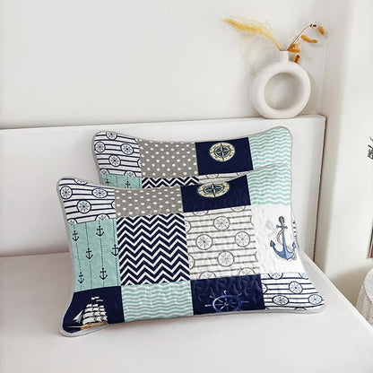 HOSIMA Nautical Full Quilt Set,Plaid Patchwork Ocean Themed Bedding Sailboat and Anchor Print Coastal Bedding for Bedroom Nautical Decor,Navy Blue with 2 Pillowcases.