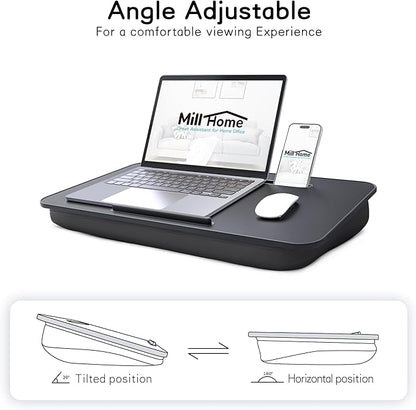 Lap Desk, Lap Desk with Cushion, Fits up to 17 inch Laptop, Pillow Designed, Portable Laptop Stand with Tray, Pad & Phone Holder, Home Office for Bed/Couch/Car/Reading/Writing,MillHome (Black)