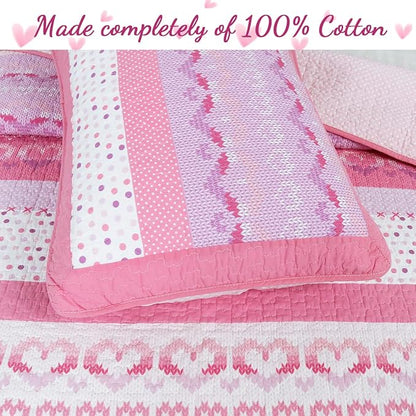 Cozy Line Home Fashions Cute Pink Butterfly Stripe Hearts 100% Cotton Soft Bedding Quilt Set, Coverlet, Bedspread (Twin - 5 Piece)