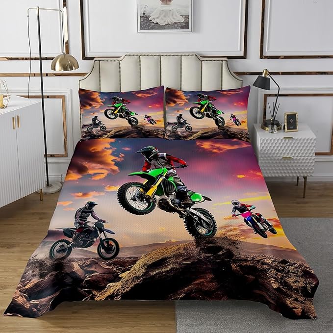 Motorbike Bedspread Quilt Set Twin Size,Boys Motocross Rider Coverlet Set,Teens Racing Motorcycle Dirt Bike Bedspread Set Kids Child,Vehicles Extreme Sport Quilted,Kids Car Theme Room Decor
