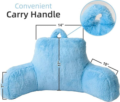 A Nice Night Faux Fur Reading Pillow Bed Wedge Large Adult Children Backrest with Arms Back Support for Sitting Up in Bed/Couch for Bedrest,Babyblue